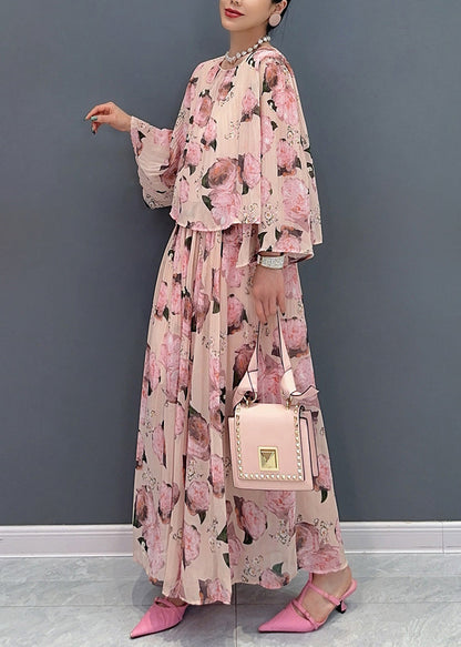 Classy Pink O Neck Print Chiffon Two Piece Set Clothing Summer