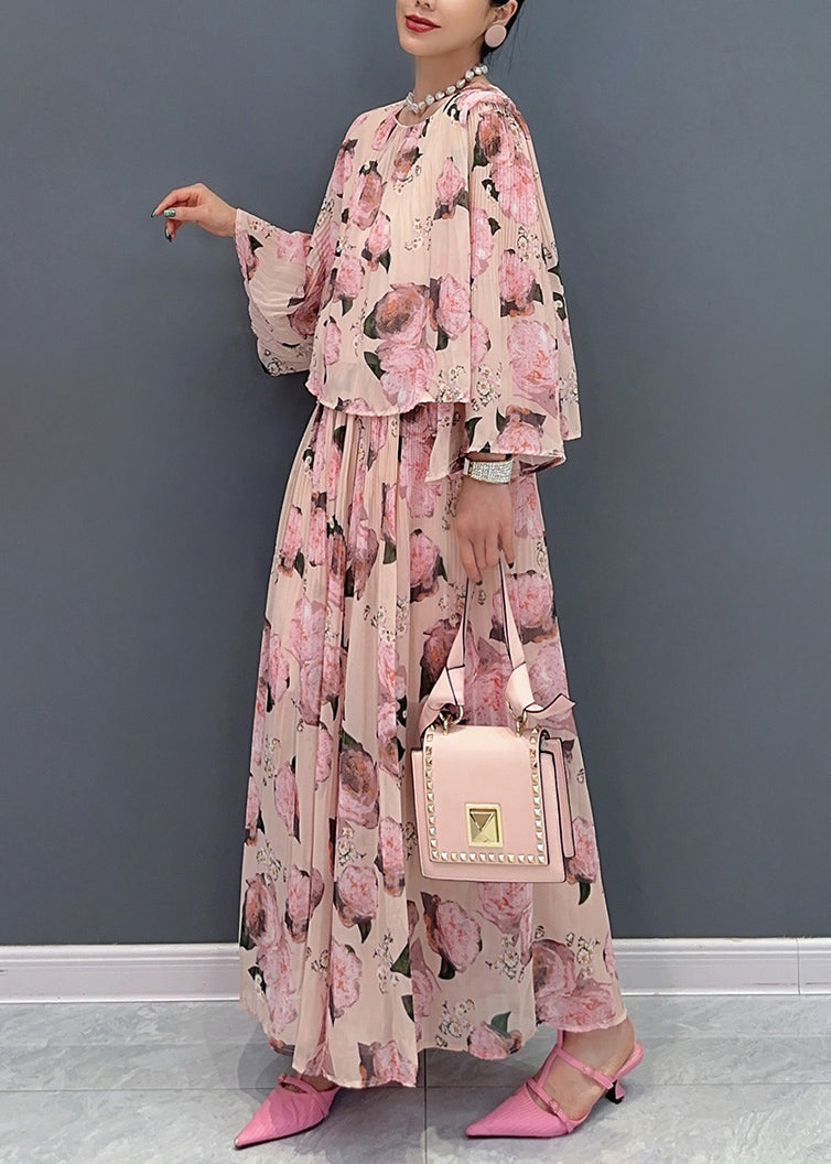 Classy Pink O Neck Print Chiffon Two Piece Set Clothing Summer