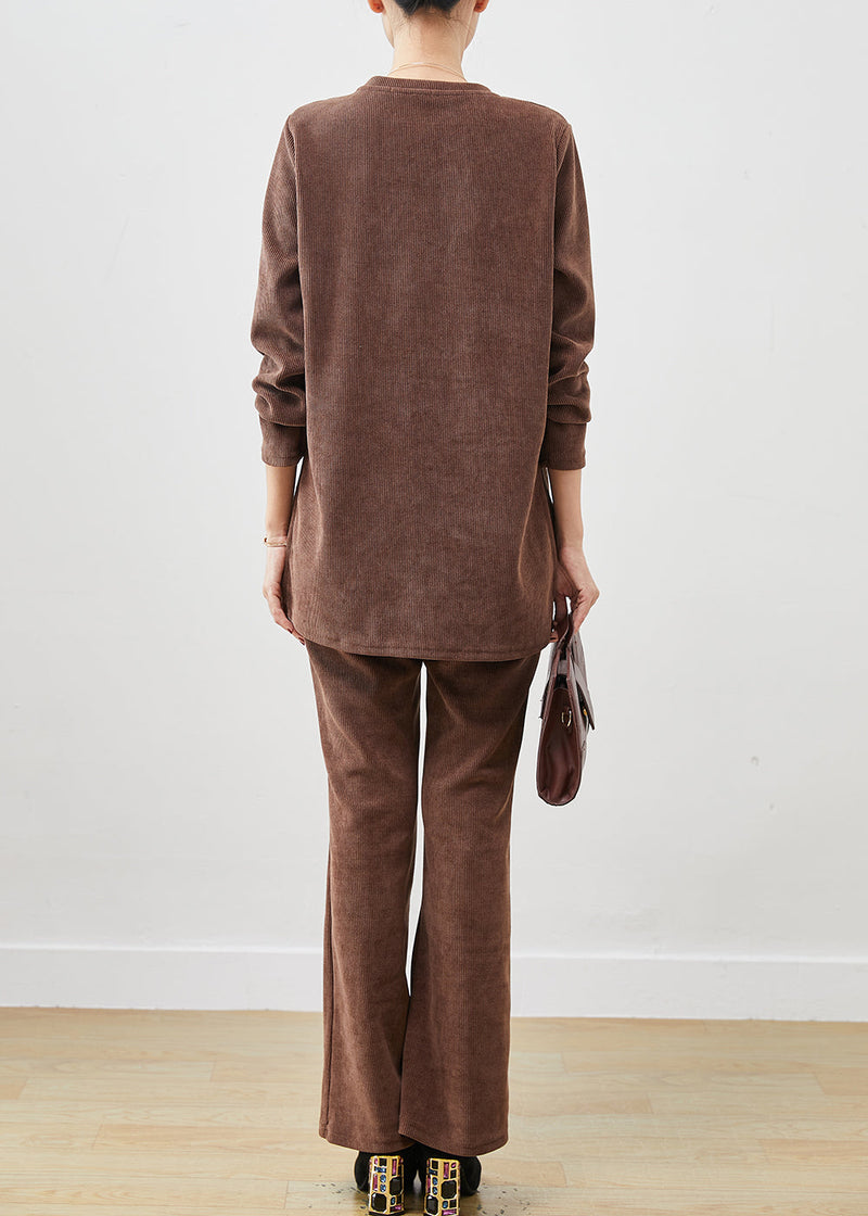 Brown Side Open Corduroy Two Piece Set Spring