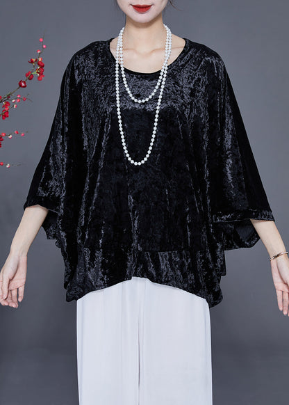 French Black O-neck Oversized Silk Velour Shirt Tops Batwing Sleeve