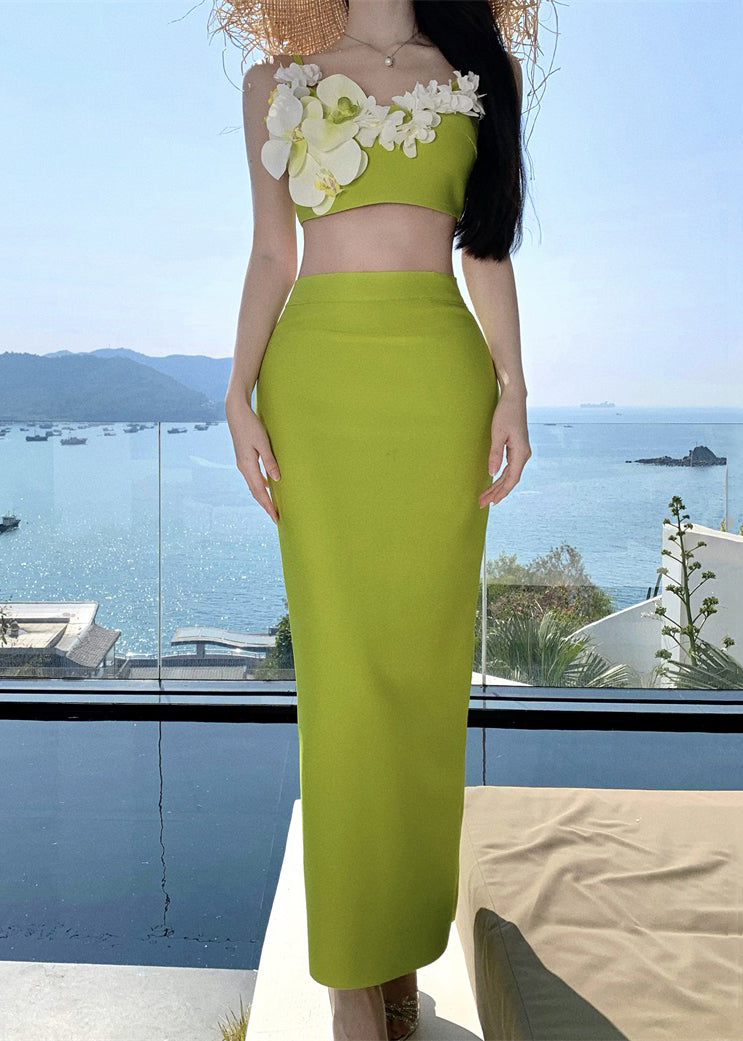 Green Side Open Tank and Skirts Cotton Two-piece Set Sleeveless