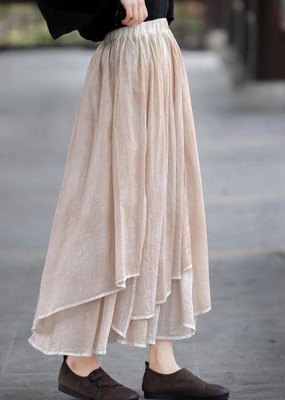 Khaki Elastic Waist Asymmetrical Design Layered Linen Skirts Summer