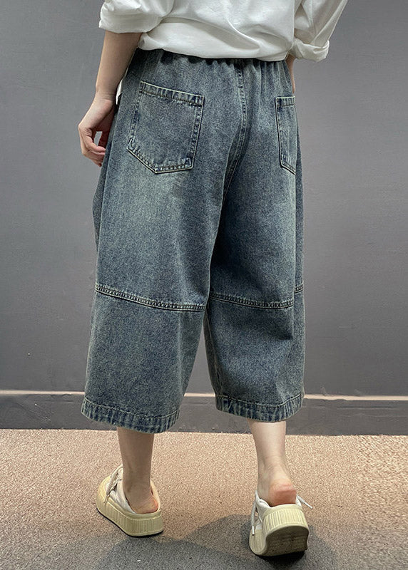 Blue Pockets Patchwork Crop Jeans Summer