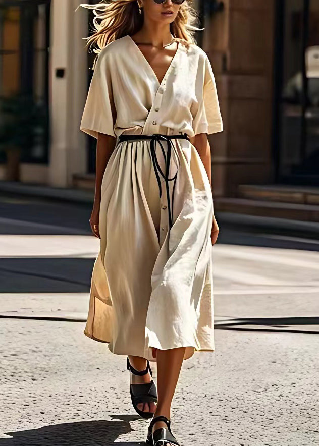 Beige V Neck Tie Waist Patchwork Cotton Dress Summer
