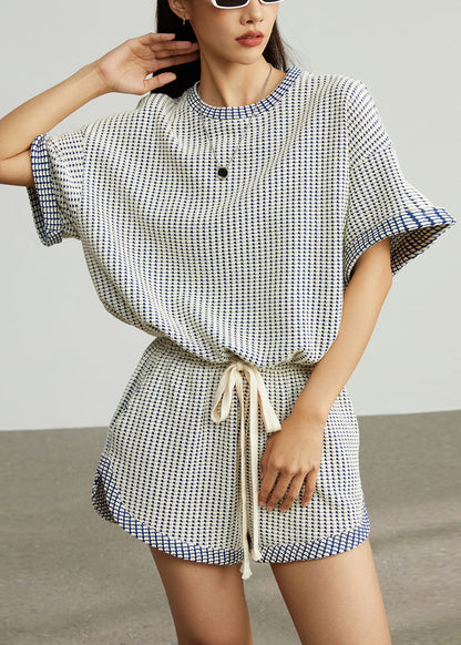Blue Plaid Cotton Tanks and Shorts Two Piece Set Oversized Summer