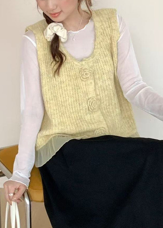 Art Yellow V Neck Knit Vest Tops Spring