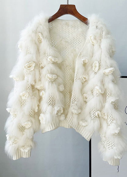 White Hollow Out Mink Hair Knitted Coat Winter