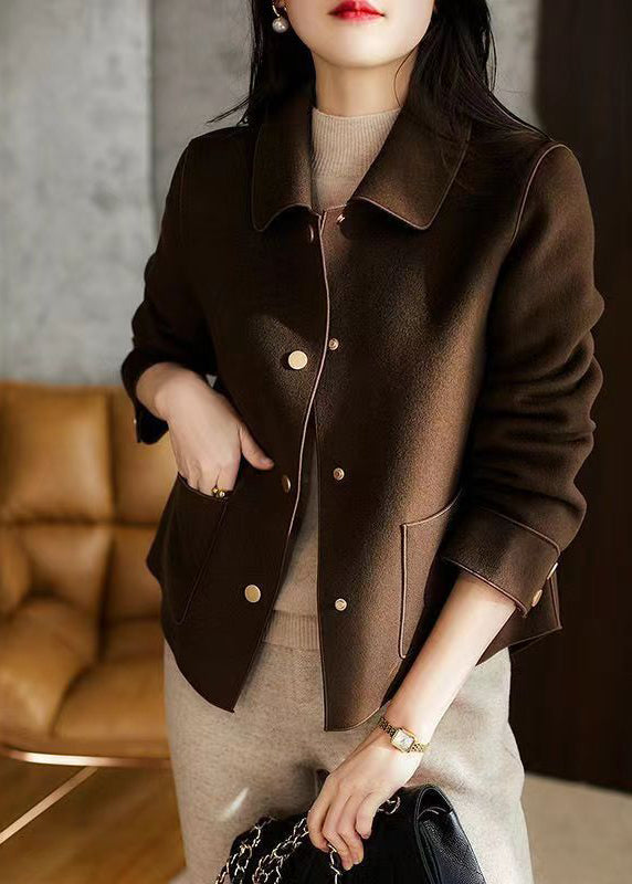Beige Peter Pan Collar Pockets Woolen Coat Fall