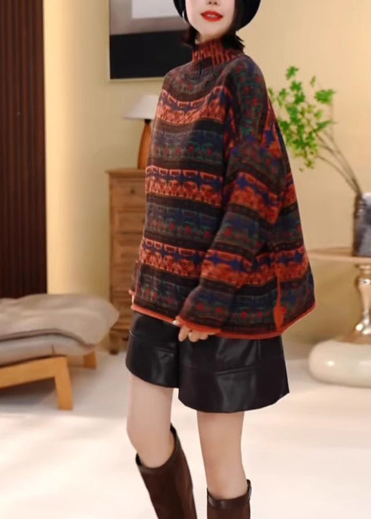 Colorblock Hign Neck Striped Knit Pullover Winter