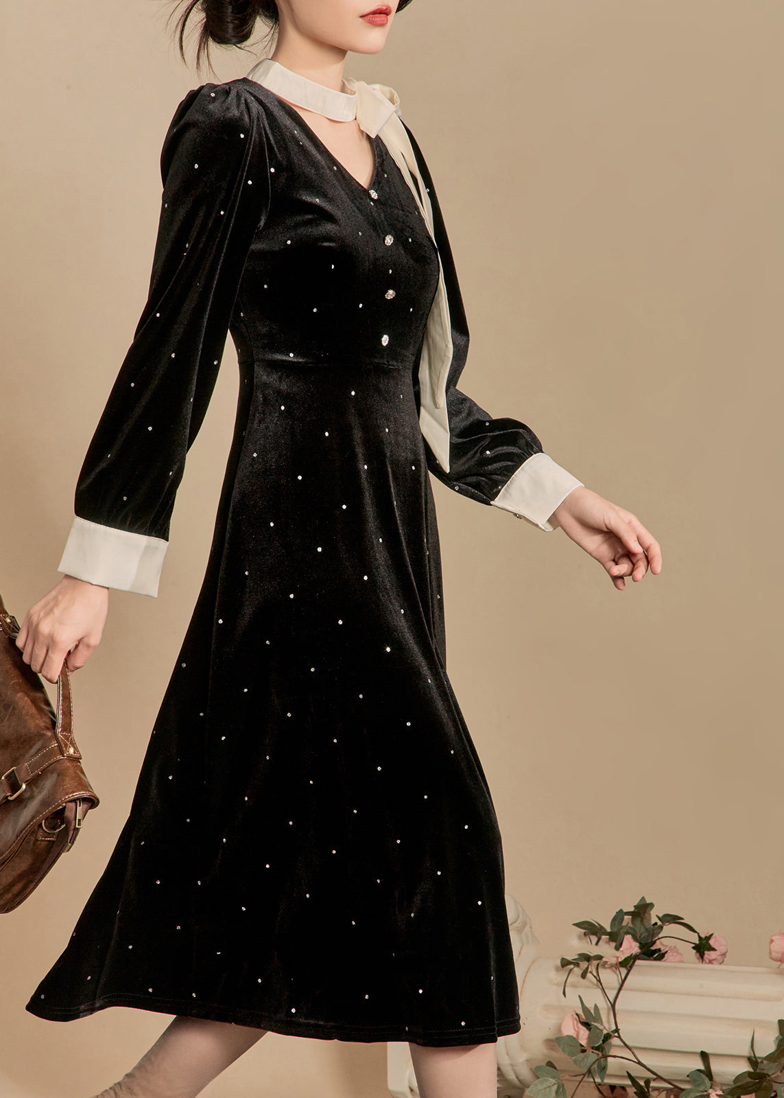 French Black Bow Dot Silk Velour Long Dress Winter