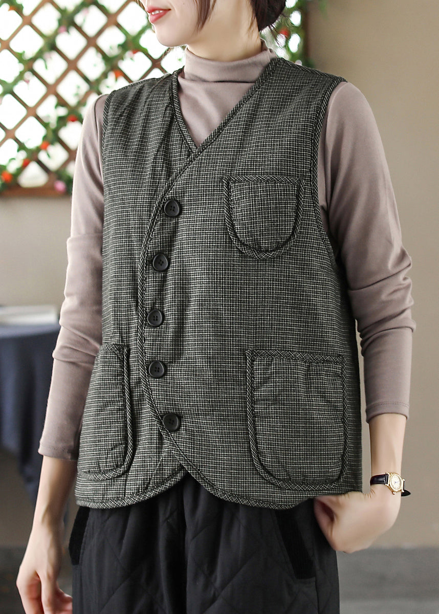 Black V Neck Plaid Pockets Fine Cotton Filled Vest Sleeveless