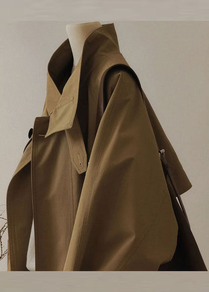 French Khaki Peter Pan Collar Zippered Patchwork Trench Coats Long Sleeve Spring