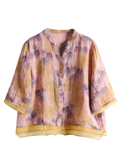 Purple V Neck Button Patchwork Linen Shirt Tops Summer