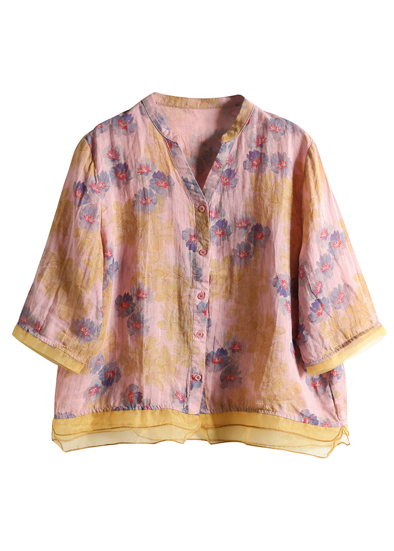 Purple V Neck Button Patchwork Linen Shirt Tops Summer