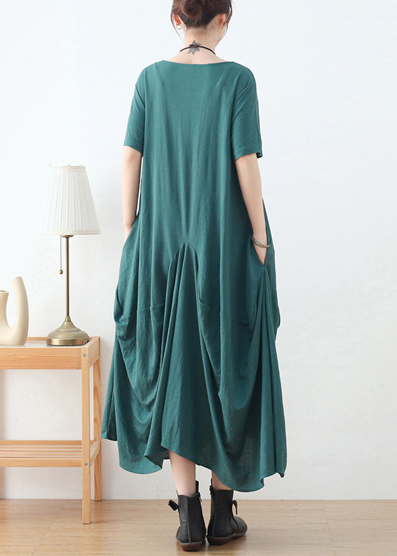 French Green O-neck Wrinkled Cotton Party Dress Short Sleeve