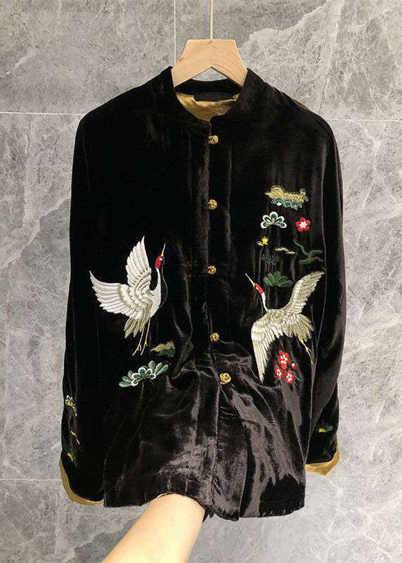 Black Mandarin Collar Print Velour Coats Long Sleeve