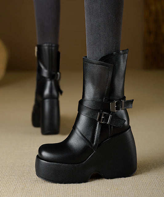 Splicing Wedge Boots Black Cowhide Leather