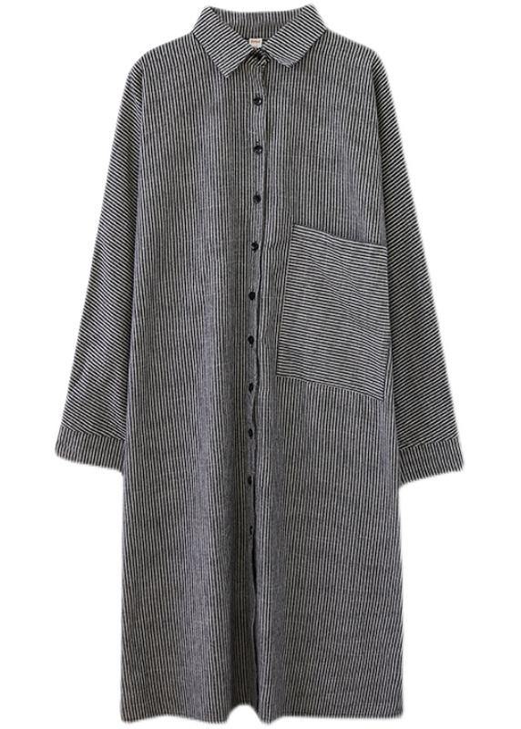 Loose Grey Striped Turn-down Colla Maxi Spring Cotton Dress