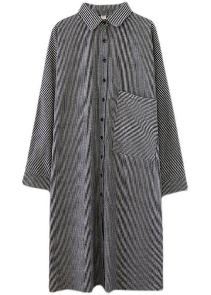 Loose Grey Striped Turn-down Colla Maxi Spring Cotton Dress