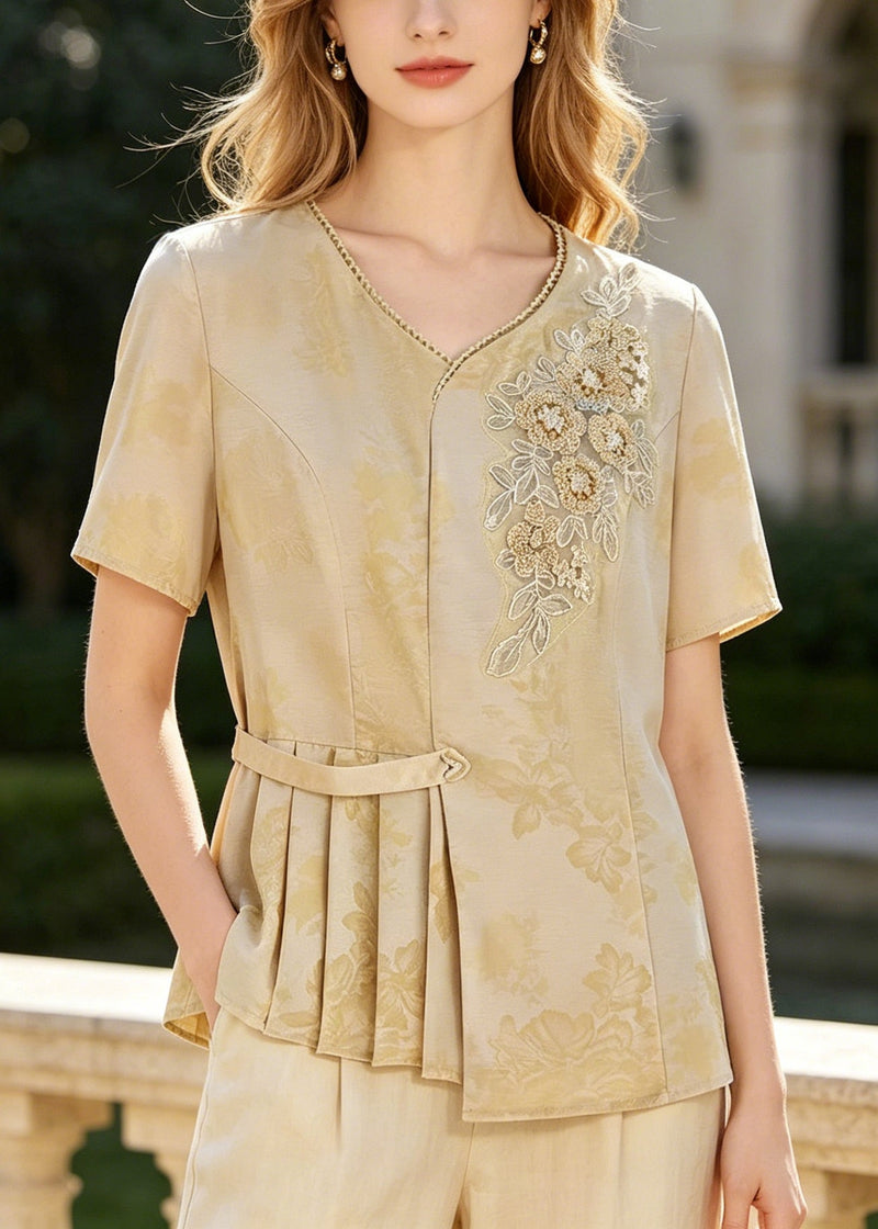 Style Yellow Embroidered Wrinkled Silk Top Summer