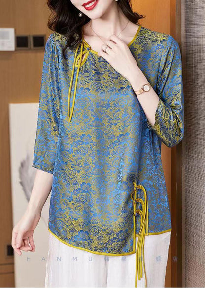 French Blue O-neck Asymmetrical Jacquard Silk Top Half Sleeve