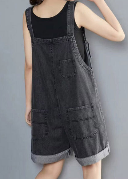 Handmade Black Asymmetrical Patchwork Pockets Denim Jumpsuit Sleeveless