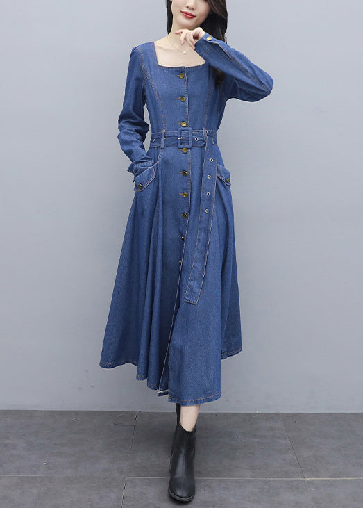 Italian Blue Square Collar Button Pockets Sashes Cotton Denim Long Dresses Long Sleeve