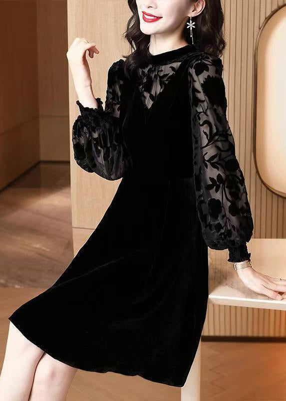 Jacquard Black High Waist Patchwork Silk Velour Dresses Winter