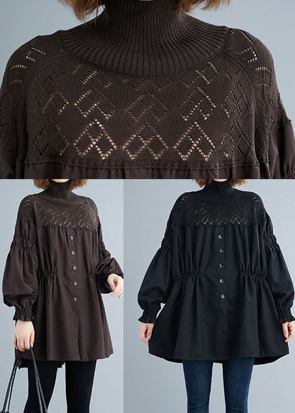 Chocolate Button Patchwork Lantern Sleeve Knit Blouses