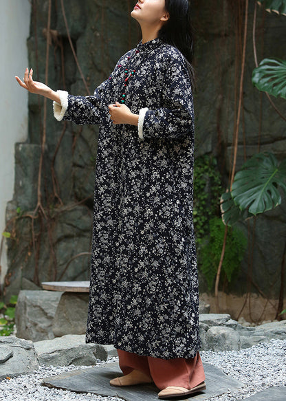 Black Print Button Patchwork Warm Fleece Maxi Dresses Winter