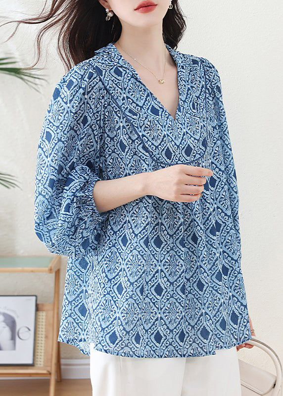 Blue V Neck Geometric Print Chiffon Blouse Top Lantern Sleeve