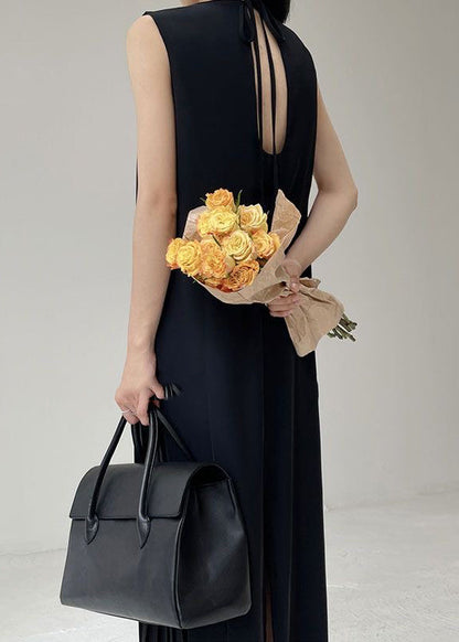Black O-neck Wrinkled Chiffon Long Dress Summer