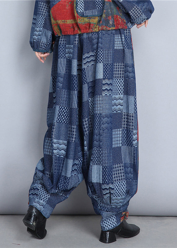 Blue Embroidered Pockets Patchwork Cotton Pants Spring