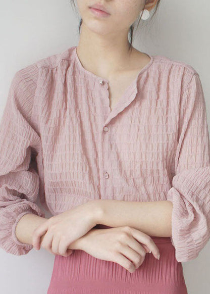 Art Pink O-neck Wrinkled Shirt Spring