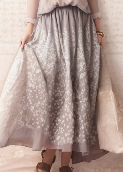 Art Grey Print High Waist Silk Dresses Long Sleeve