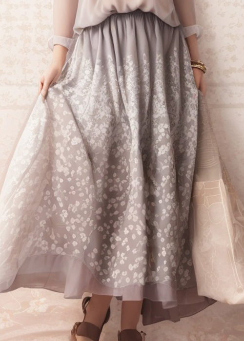 Art Grey Print High Waist Silk Dresses Long Sleeve