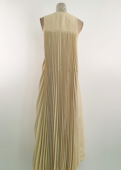 Art Yellow Wrinkled Side Open Dresses and Pants Cotton Two Pieces Set Sleeveless