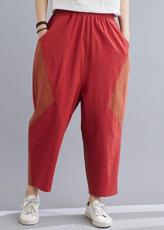 Navy Patchwork Elastic Waist Radish Trousers Pants Summer Cotton Linen