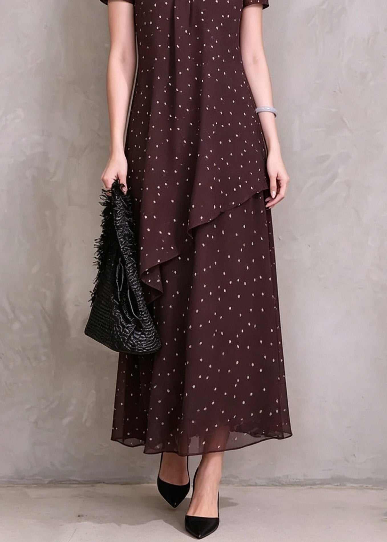 Brown Red Asymmetrical Dot Print Maxi Dresses Short Sleeve