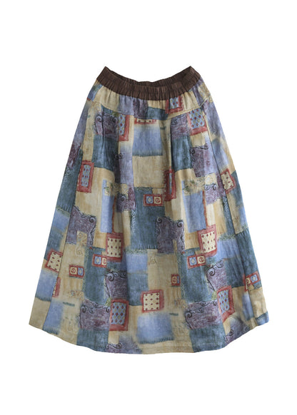 Blue Pockets Print Linen a Line Skirts Spring