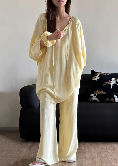 Simple Blue O Neck Lace Up Cotton Pajamas Two Piece Set Fall