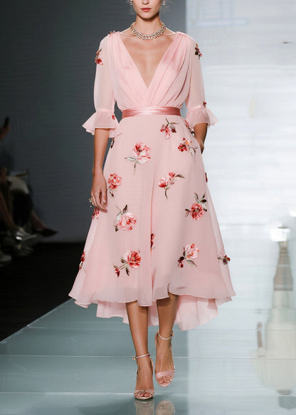 Handmade Pink V Neck Chiffon Party Dresses Flare Sleeve