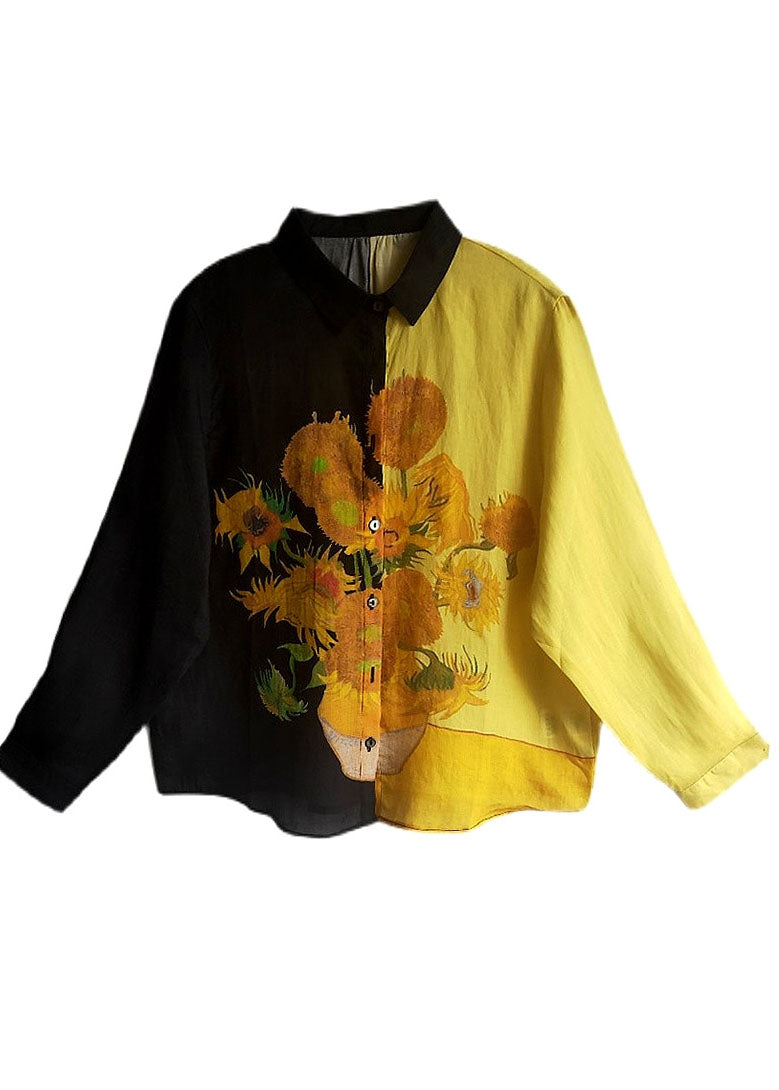 Black Peter Pan Collar Sunflower Print Linen Shirt Fall