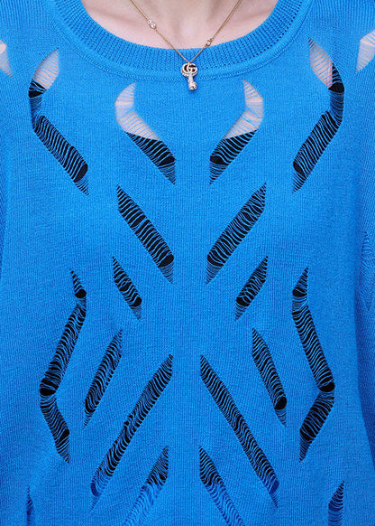 Blue O-neck Hollow Out Knit Three Pieces Set Long Sleeve