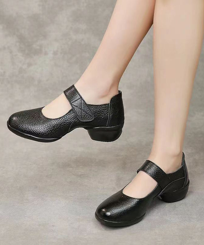 Buckle Strap Splicing Chunky Black Cowhide Leather Dance Shoes