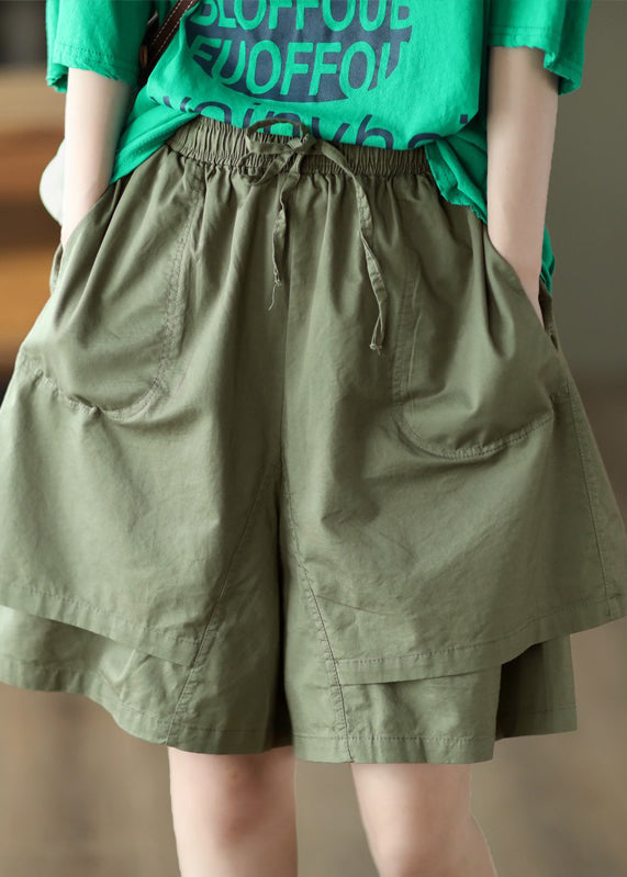 Khaki Pockets Patchwork Elastic Waist Cotton Shorts Summer