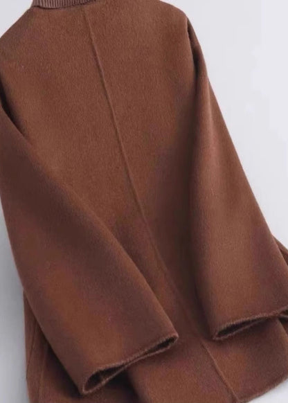 Black V Neck Pockets Woolen Coat Winter