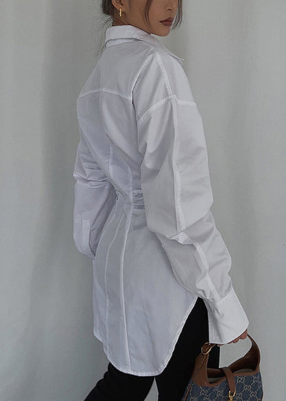 White Cinched Cotton Blouse Tops Spring