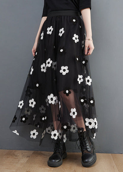 Black Elastic Waist Tulle a Line Skirt Spring