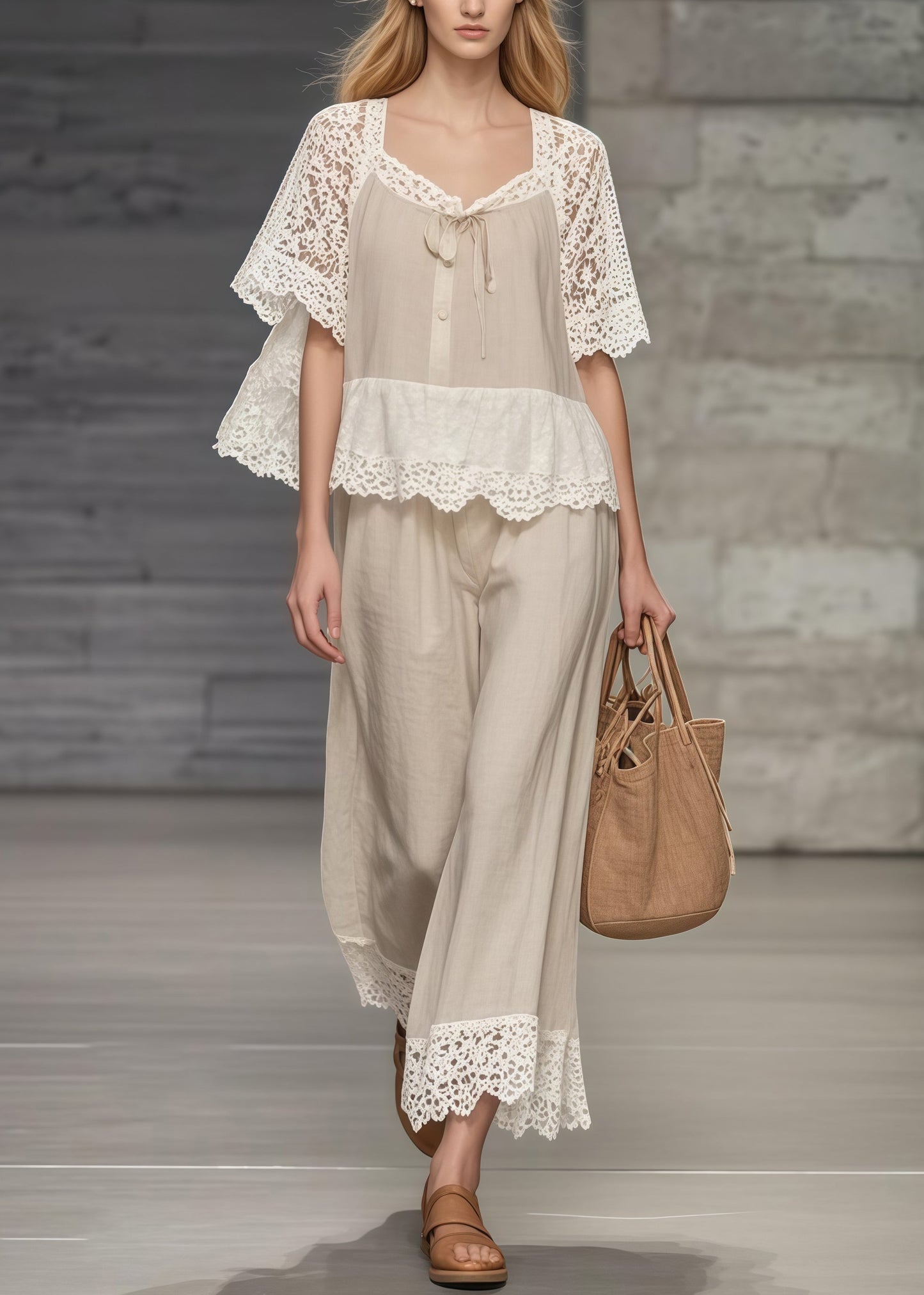 Fine Khaki Square Collar Lace Patchwork Hollow Out Two Pieces Set Summer